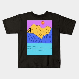 Animated Yoga Mountains Sun and River Graphic Kids T-Shirt